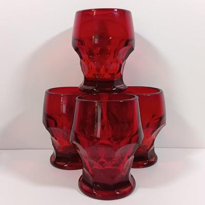 LOT 196: Ruby Red Glass Lazy Susan Inserts, Handled Serving Saucers, Bowl, Vases & Tumblers