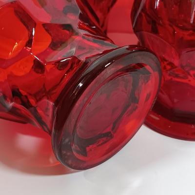 LOT 196: Ruby Red Glass Lazy Susan Inserts, Handled Serving Saucers, Bowl, Vases & Tumblers