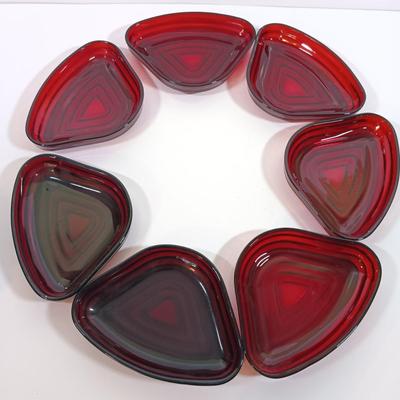 LOT 196: Ruby Red Glass Lazy Susan Inserts, Handled Serving Saucers, Bowl, Vases & Tumblers