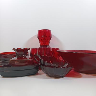 LOT 196: Ruby Red Glass Lazy Susan Inserts, Handled Serving Saucers, Bowl, Vases & Tumblers