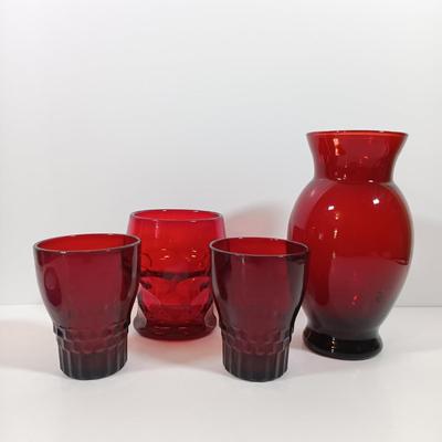 LOT 196: Ruby Red Glass Lazy Susan Inserts, Handled Serving Saucers, Bowl, Vases & Tumblers