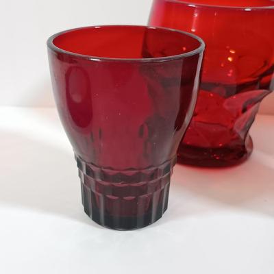 LOT 196: Ruby Red Glass Lazy Susan Inserts, Handled Serving Saucers, Bowl, Vases & Tumblers
