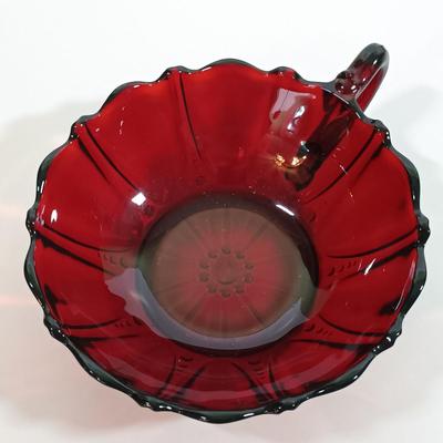 LOT 196: Ruby Red Glass Lazy Susan Inserts, Handled Serving Saucers, Bowl, Vases & Tumblers
