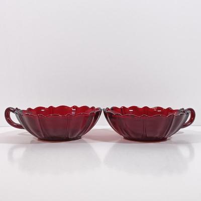 LOT 196: Ruby Red Glass Lazy Susan Inserts, Handled Serving Saucers, Bowl, Vases & Tumblers