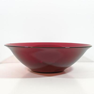 LOT 196: Ruby Red Glass Lazy Susan Inserts, Handled Serving Saucers, Bowl, Vases & Tumblers