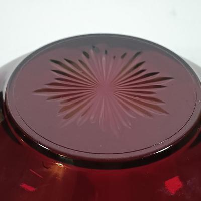 LOT 196: Ruby Red Glass Lazy Susan Inserts, Handled Serving Saucers, Bowl, Vases & Tumblers