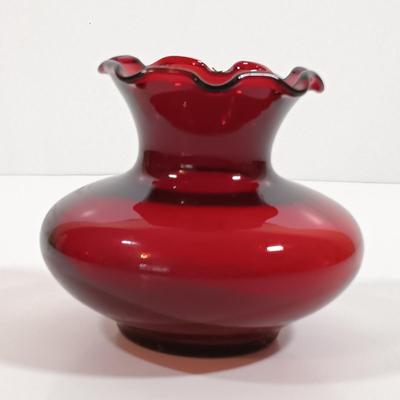LOT 196: Ruby Red Glass Lazy Susan Inserts, Handled Serving Saucers, Bowl, Vases & Tumblers