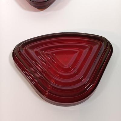 LOT 196: Ruby Red Glass Lazy Susan Inserts, Handled Serving Saucers, Bowl, Vases & Tumblers