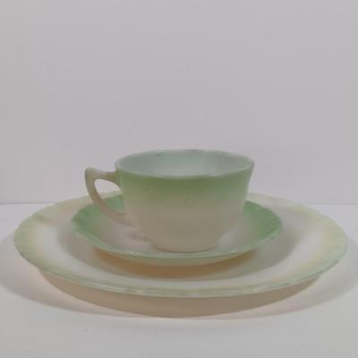 LOT 200: Translucent "Blush" Colored Milk Glass Dish Set with Cremax Tea Cups and White Dishes