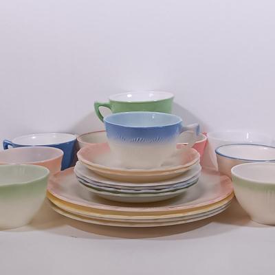 LOT 200: Translucent "Blush" Colored Milk Glass Dish Set with Cremax Tea Cups and White Dishes