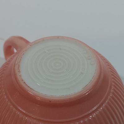 LOT 200: Translucent "Blush" Colored Milk Glass Dish Set with Cremax Tea Cups and White Dishes