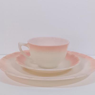LOT 200: Translucent "Blush" Colored Milk Glass Dish Set with Cremax Tea Cups and White Dishes