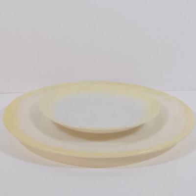 LOT 200: Translucent "Blush" Colored Milk Glass Dish Set with Cremax Tea Cups and White Dishes