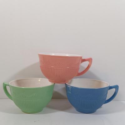 LOT 200: Translucent "Blush" Colored Milk Glass Dish Set with Cremax Tea Cups and White Dishes