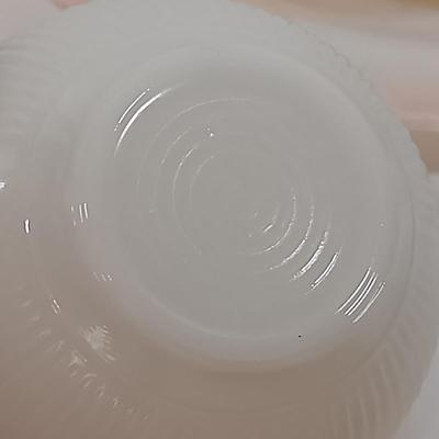 LOT 200: Translucent "Blush" Colored Milk Glass Dish Set with Cremax Tea Cups and White Dishes