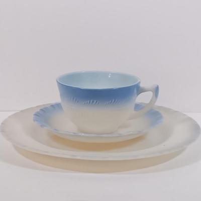 LOT 200: Translucent "Blush" Colored Milk Glass Dish Set with Cremax Tea Cups and White Dishes