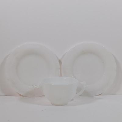 LOT 200: Translucent "Blush" Colored Milk Glass Dish Set with Cremax Tea Cups and White Dishes