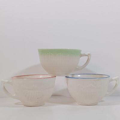 LOT 200: Translucent "Blush" Colored Milk Glass Dish Set with Cremax Tea Cups and White Dishes
