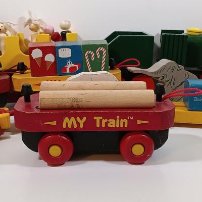 LOT 202: Vintage Montgomery School House 'My Train' Set with Strombecker Train Apart Wood Train and Romanian Made Wood Train