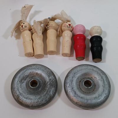 LOT 202: Vintage Montgomery School House 'My Train' Set with Strombecker Train Apart Wood Train and Romanian Made Wood Train