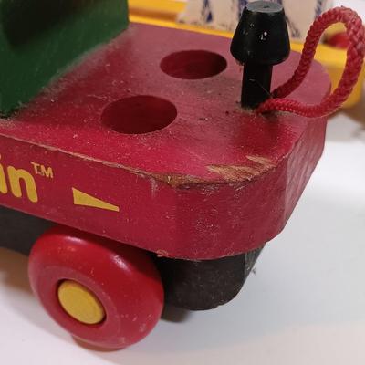 LOT 202: Vintage Montgomery School House 'My Train' Set with Strombecker Train Apart Wood Train and Romanian Made Wood Train