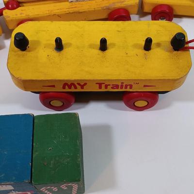 LOT 202: Vintage Montgomery School House 'My Train' Set with Strombecker Train Apart Wood Train and Romanian Made Wood Train