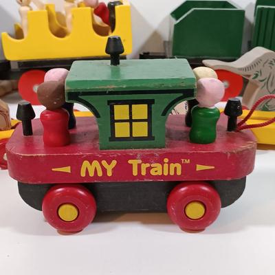 LOT 202: Vintage Montgomery School House 'My Train' Set with Strombecker Train Apart Wood Train and Romanian Made Wood Train