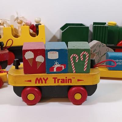 LOT 202: Vintage Montgomery School House 'My Train' Set with Strombecker Train Apart Wood Train and Romanian Made Wood Train