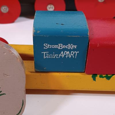 LOT 202: Vintage Montgomery School House 'My Train' Set with Strombecker Train Apart Wood Train and Romanian Made Wood Train