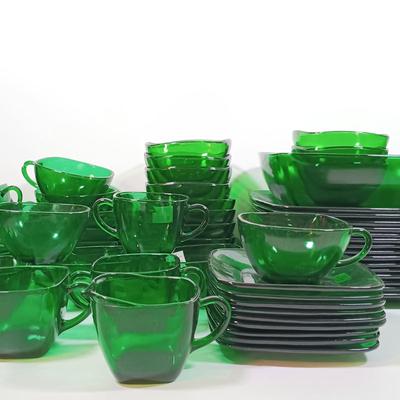 LOT 205: Anchor Hocking Forest Green Coffee Cups, Sugar Bowls, Bowls & More