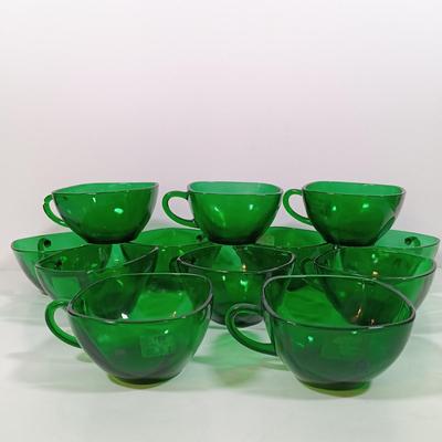 LOT 205: Anchor Hocking Forest Green Coffee Cups, Sugar Bowls, Bowls & More