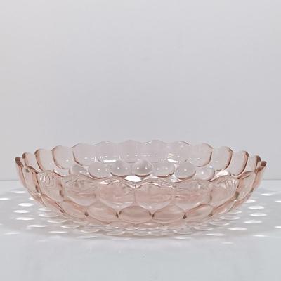 LOT 208: Pink Depression Glass Dishes - Bubble Bowl, Oyster and Pearl Bowl, Pitcher & More