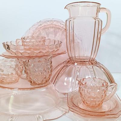 LOT 208: Pink Depression Glass Dishes - Bubble Bowl, Oyster and Pearl Bowl, Pitcher & More