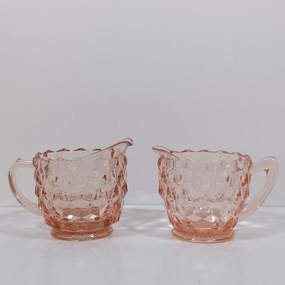 LOT 208: Pink Depression Glass Dishes - Bubble Bowl, Oyster and Pearl Bowl, Pitcher & More