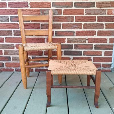 LOT 214: Shaker Style Rattan Seat Child's Chair and Stool