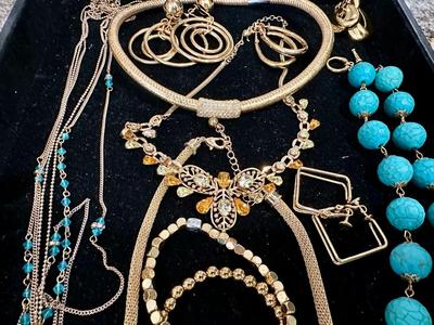 Costume Jewelry Lot J - Turquoise colored & gold tone w/ crystal & rhinestones