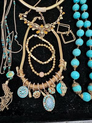 Costume Jewelry Lot J - Turquoise colored & gold tone w/ crystal & rhinestones