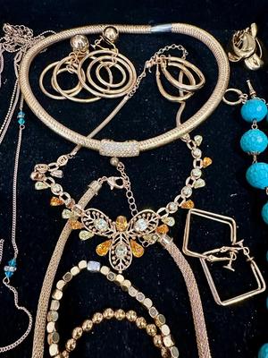 Costume Jewelry Lot J - Turquoise colored & gold tone w/ crystal & rhinestones
