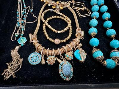Costume Jewelry Lot J - Turquoise colored & gold tone w/ crystal & rhinestones