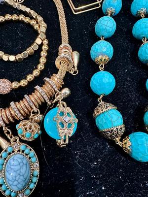 Costume Jewelry Lot J - Turquoise colored & gold tone w/ crystal & rhinestones