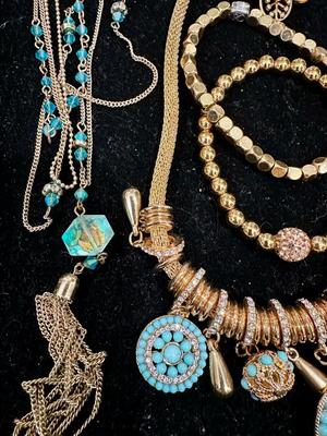 Costume Jewelry Lot J - Turquoise colored & gold tone w/ crystal & rhinestones