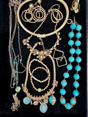 Costume Jewelry Lot J - Turquoise colored & gold tone w/ crystal & rhinestones