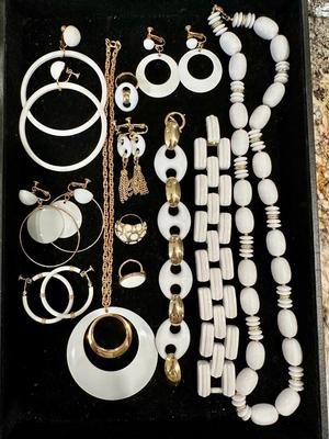 Costume Jewelry Lot K - 60's 70's style White & Gold Big Hoop earrings Chunky Bracelets