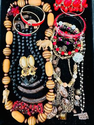 Costume Jewelry lot L - Tribal Wood & Red crystal