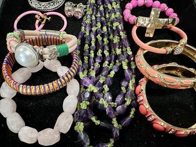 Costume Jewelry Lot T - Multi Color Amethyst, and Enamel , Pink & Coral colors