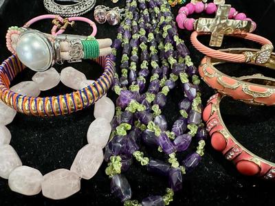 Costume Jewelry Lot T - Multi Color Amethyst, and Enamel , Pink & Coral colors