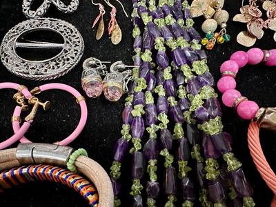Costume Jewelry Lot T - Multi Color Amethyst, and Enamel , Pink & Coral colors