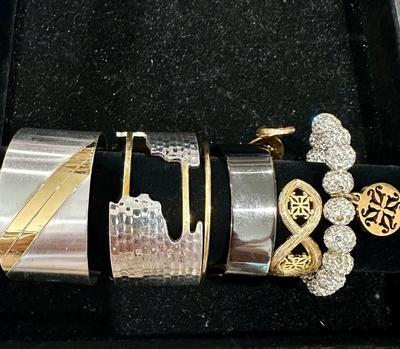 Costume Jewelry Lot V - Rustic Cuff Metal 2 tone cuffs & Crystal stretch