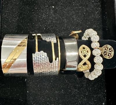 Costume Jewelry Lot V - Rustic Cuff Metal 2 tone cuffs & Crystal stretch