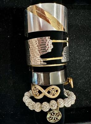Costume Jewelry Lot V - Rustic Cuff Metal 2 tone cuffs & Crystal stretch